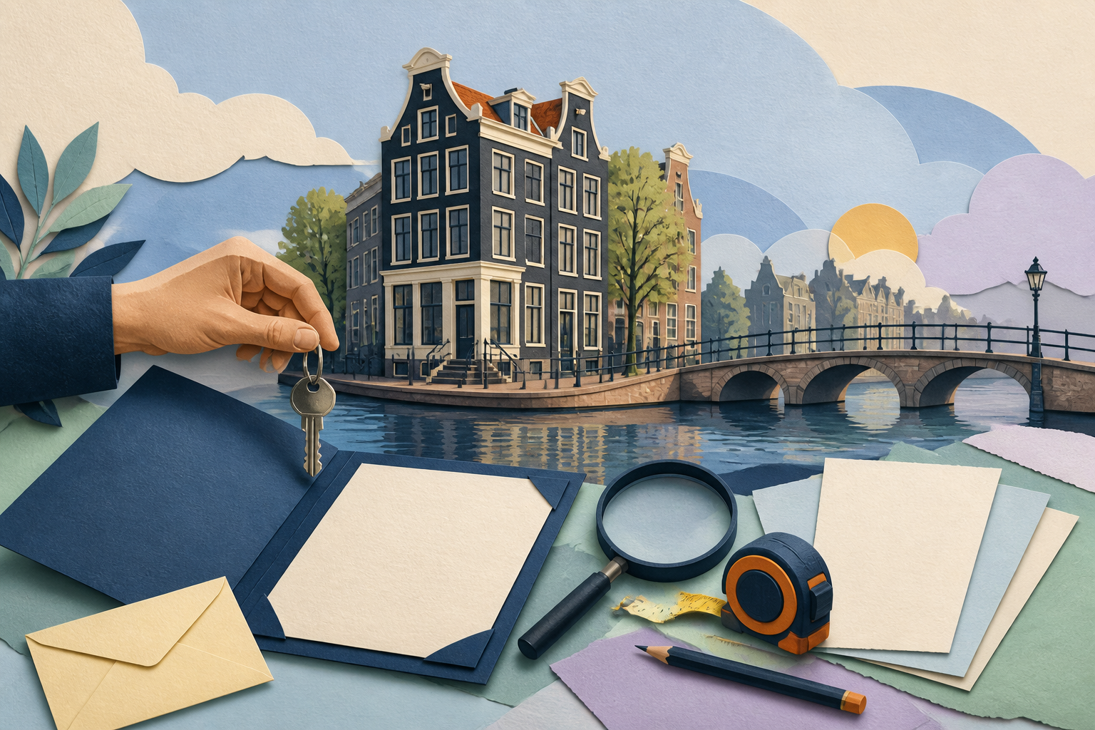 Papieren Amsterdamse grachtenwoning naast biedingsbrief, plattegrond en meetlat