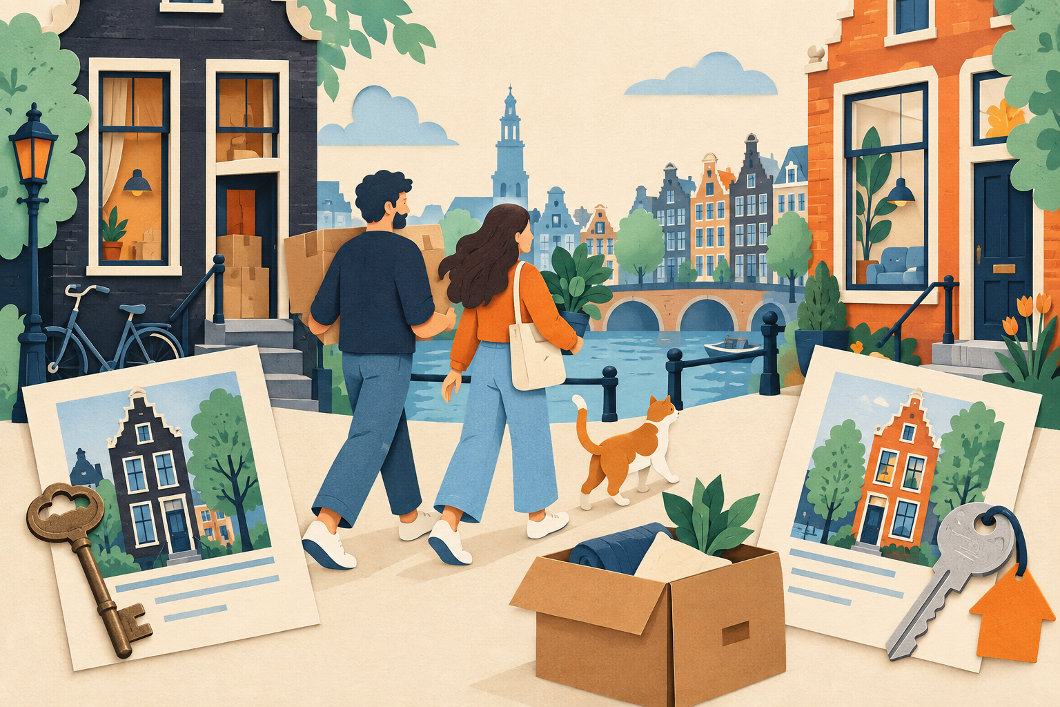 Stel dat verhuist tussen twee Amsterdamse woningen met sleutels, woningstukken en verhuisdoos