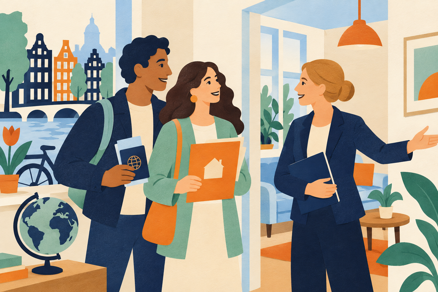 Internationaal stel bekijkt een Amsterdams aankoopstukken met woningmap, wereldbol en grachtenhuis