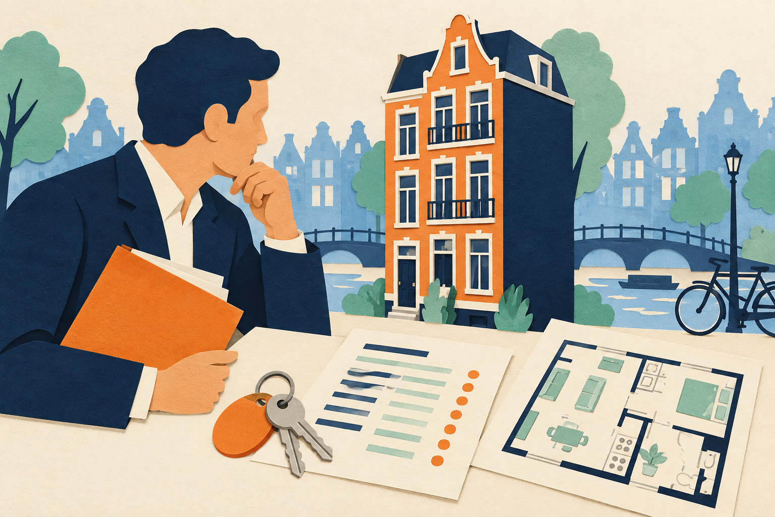 Vastgoedinvesteerder bekijkt een Amsterdams appartementenhuis met huuradministratie, sleutels en plattegrond
