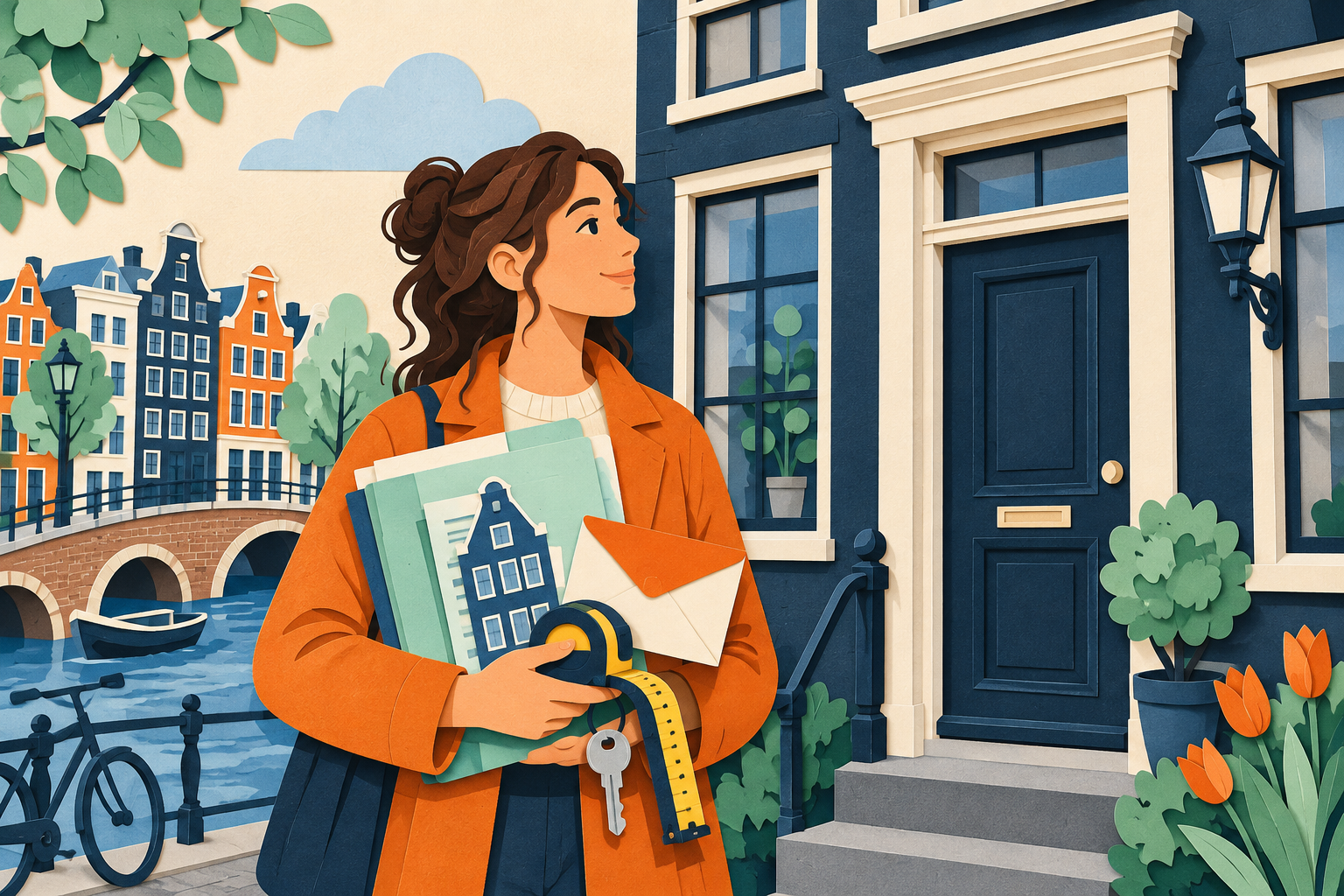 Starters bekijken een aankoopstukken bij een Amsterdamse woning met huissleutel en meetlint