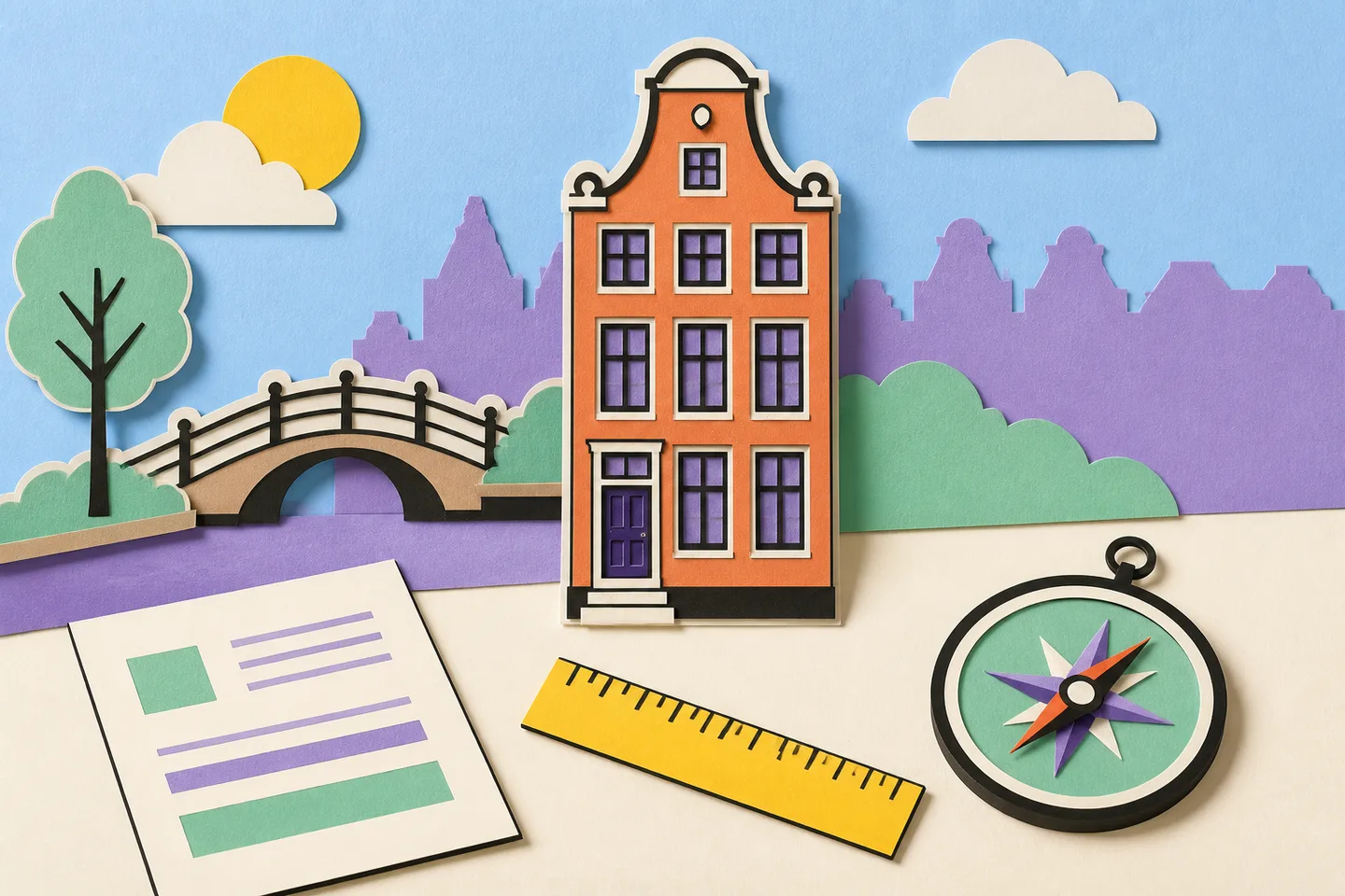 Papieren collage met Amsterdamse woning en hulpmiddelen voor taxatie in Amsterdam