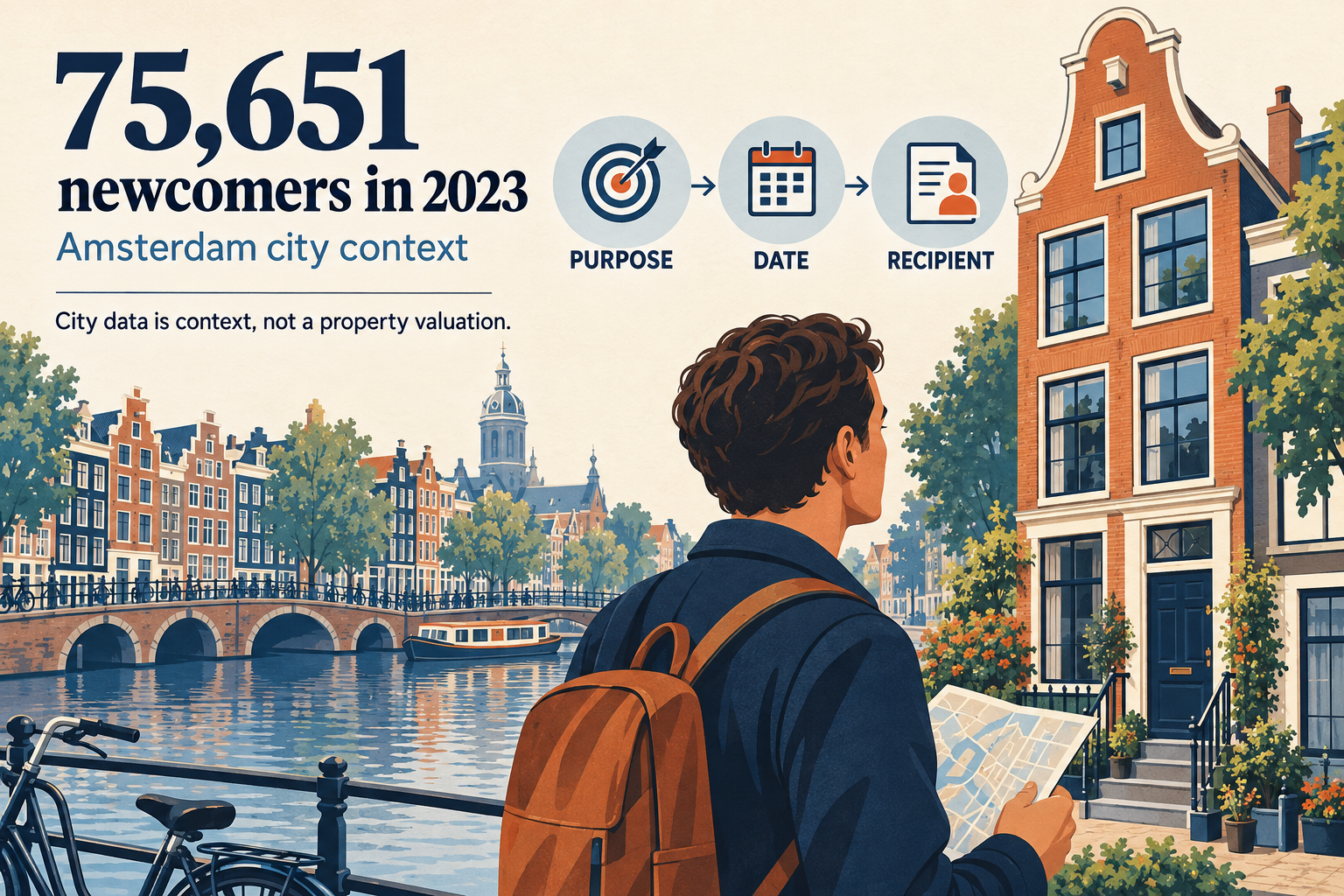 Infographic showing 75,651 Amsterdam newcomers in 2023 and three checks for an expat valuation brief: Dutch term, English meaning and recipient format