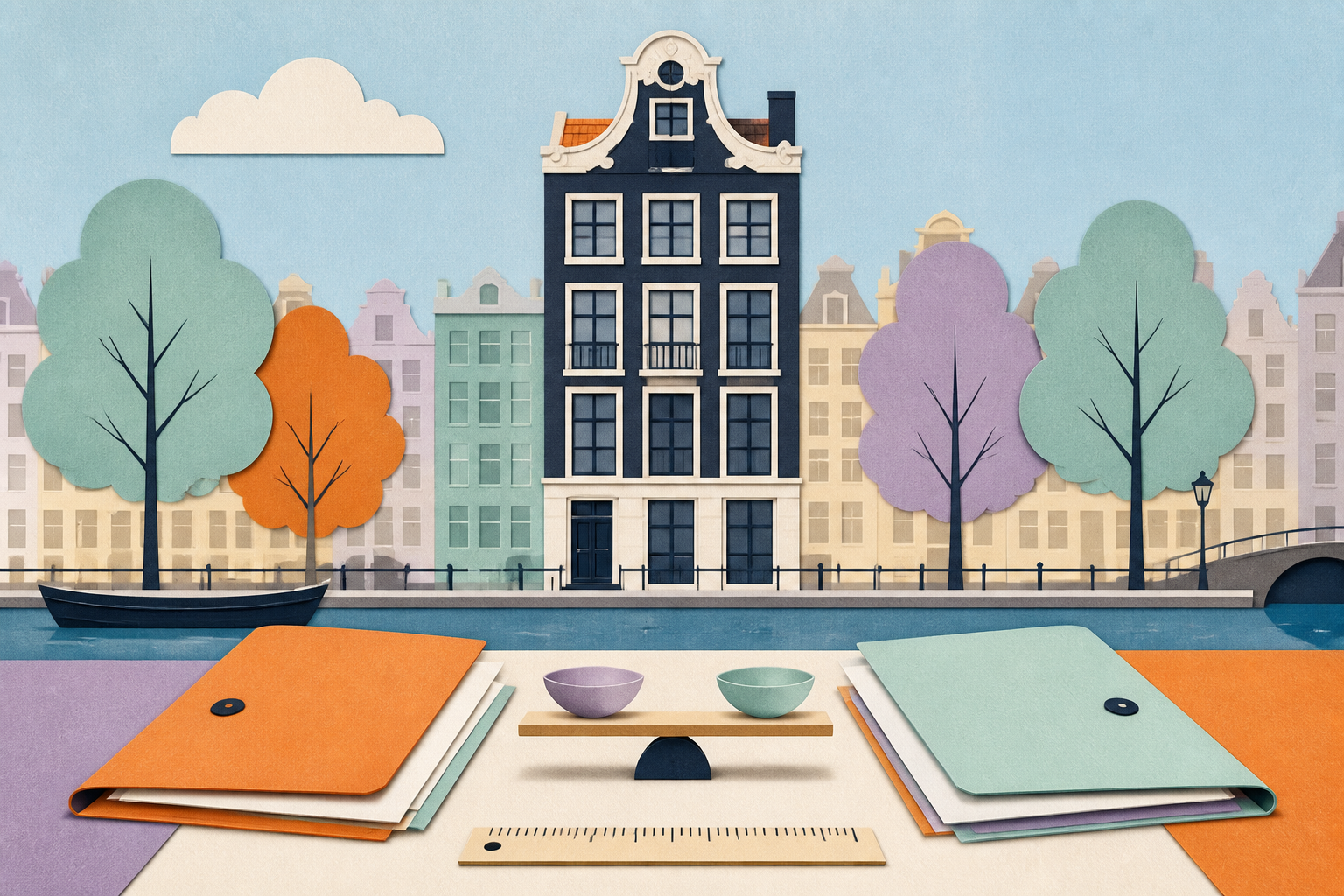 Amsterdam canal apartment with two separate valuation folders, a balance and a measuring ruler