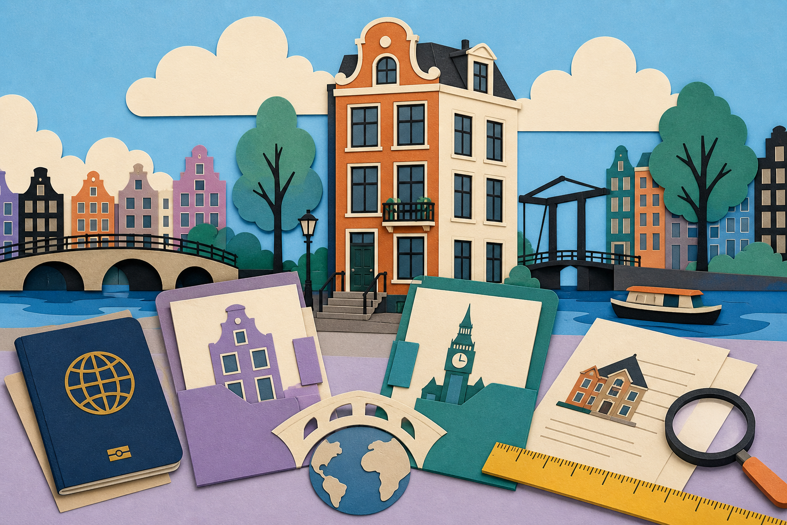 Amsterdam canal home with a passport, globe, folders and measuring ruler