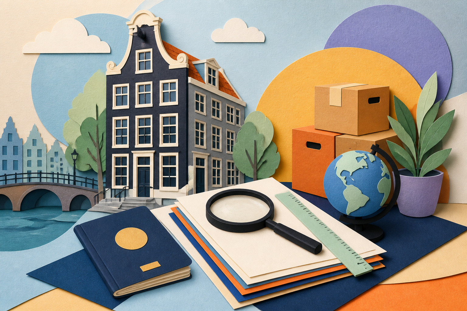 Papieren Amsterdamse woning naast een meertalige set stukken, documentmappen en meetlat