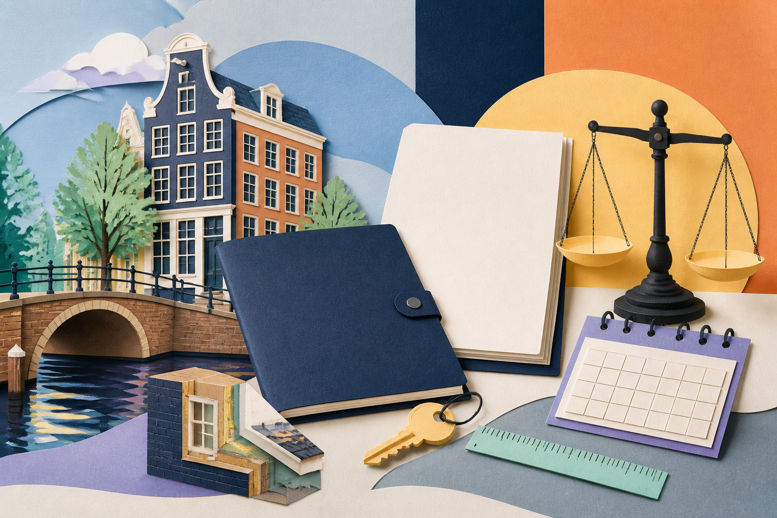 Papieren Amsterdamse woning naast hypotheekmap, rekenmachine en meetlat