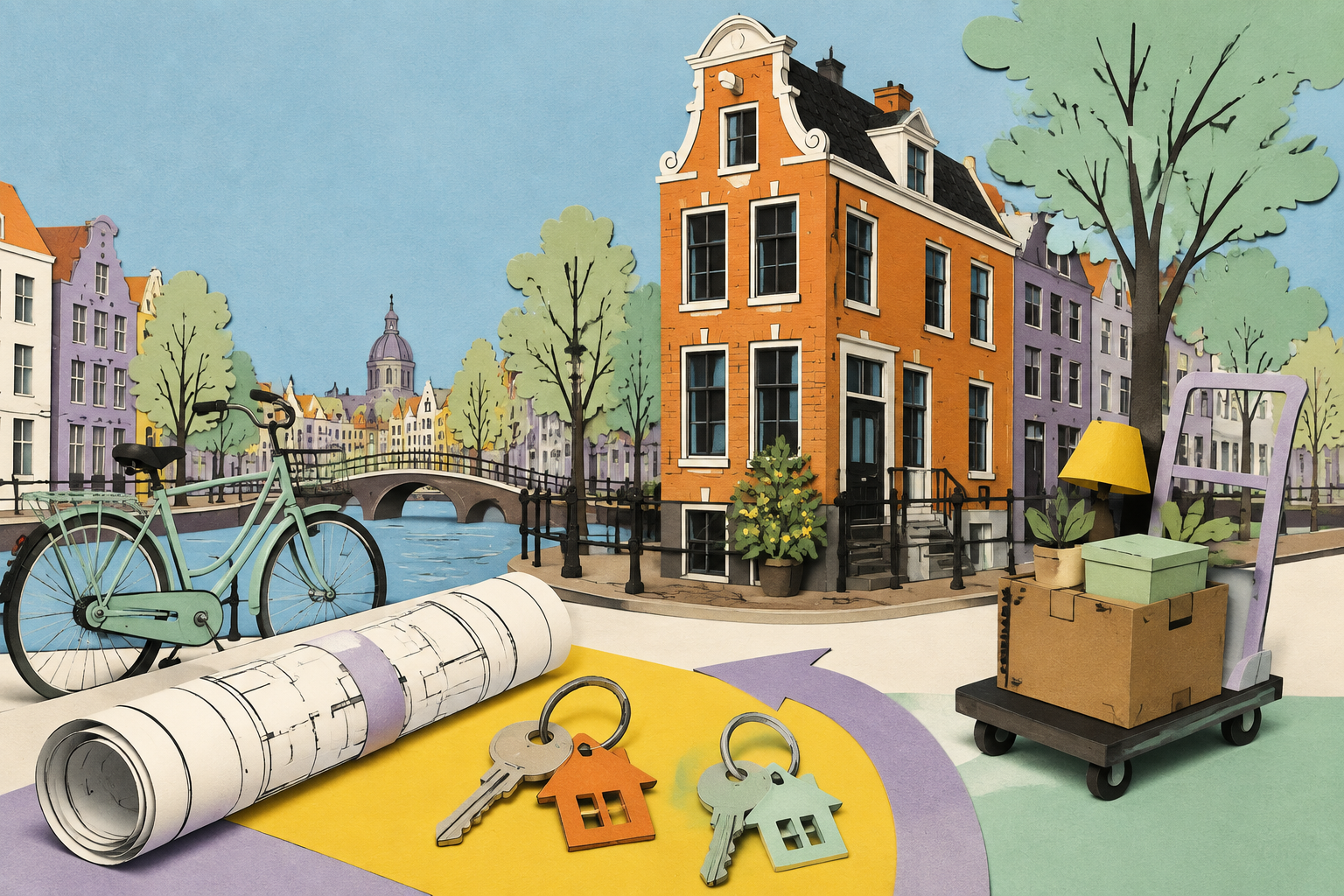 Amsterdamse grachtenwoningen met verhuiswagen, twee sleutelsets, een plattegrond en een taxatiedocument
