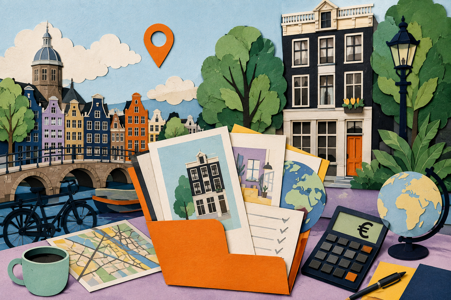 Papieren Amsterdamse woningen en kaart naast een taxatiedocument, rekenmachine en notities over valuta