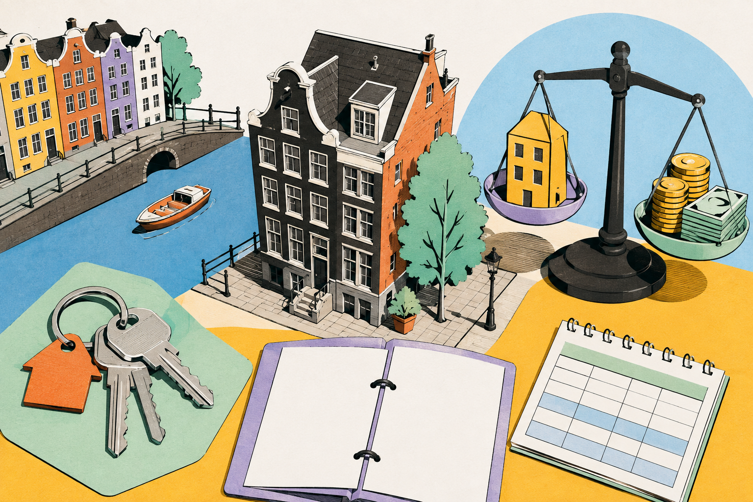 Amsterdams appartementengebouw met huurovereenkomst, rekenmachine, sleutels en taxatievoorbereiding