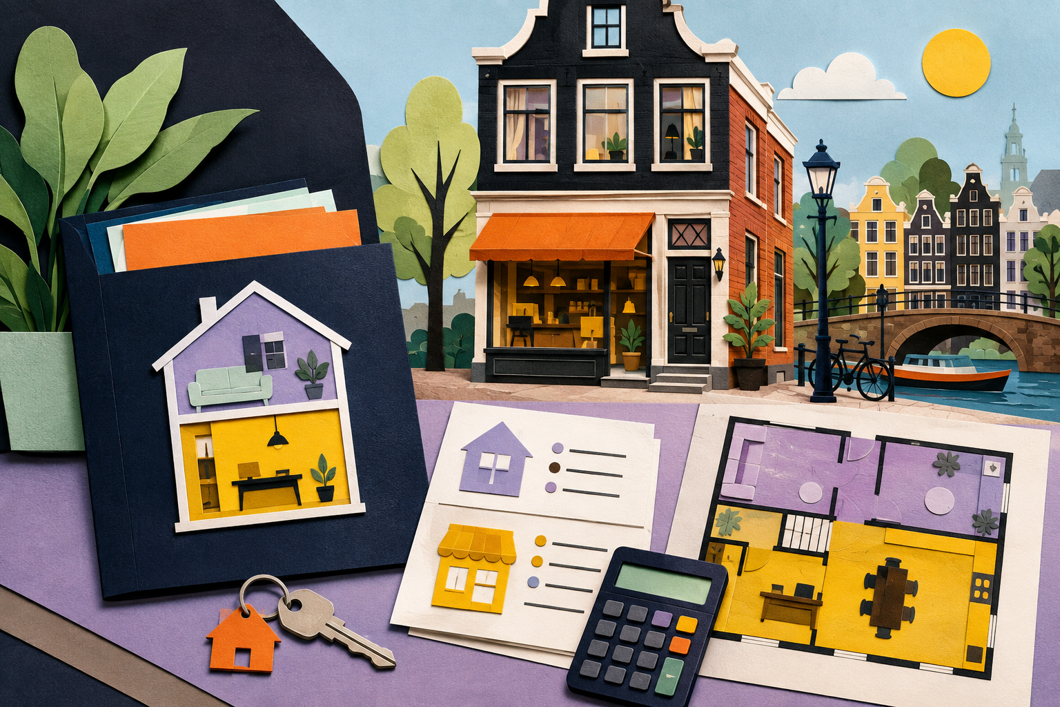 Gemengd gebruikt Amsterdams grachtenpand naast een plattegrond, hypotheekstukken en een meetschaal