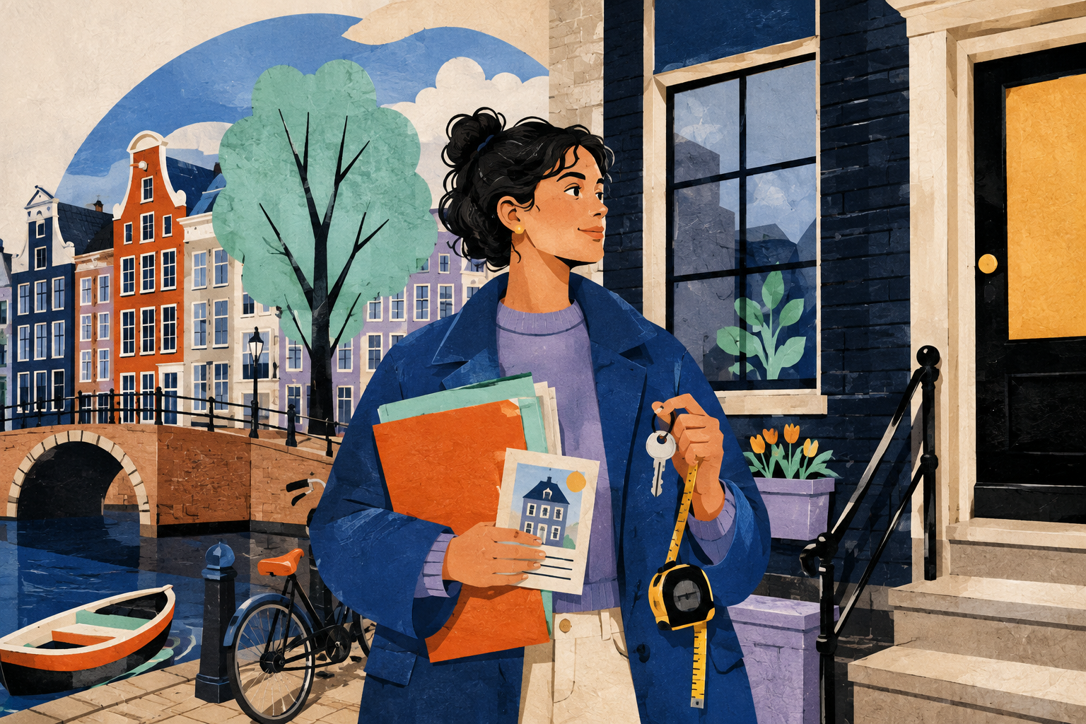 Starter met een hypotheekmap, sleutel en meetlint voor een Amsterdamse woning aan het water