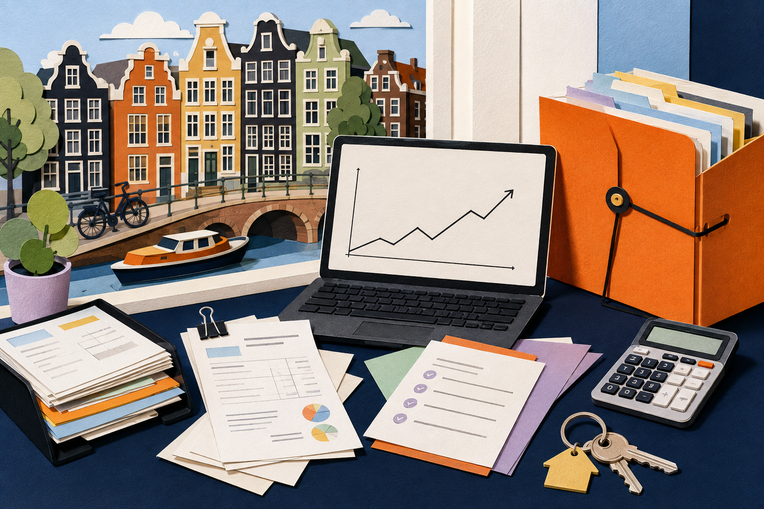 Amsterdamse woning aan het water met laptop, hypotheekstukken, sleutels en een notitieboek voor een zelfstandige