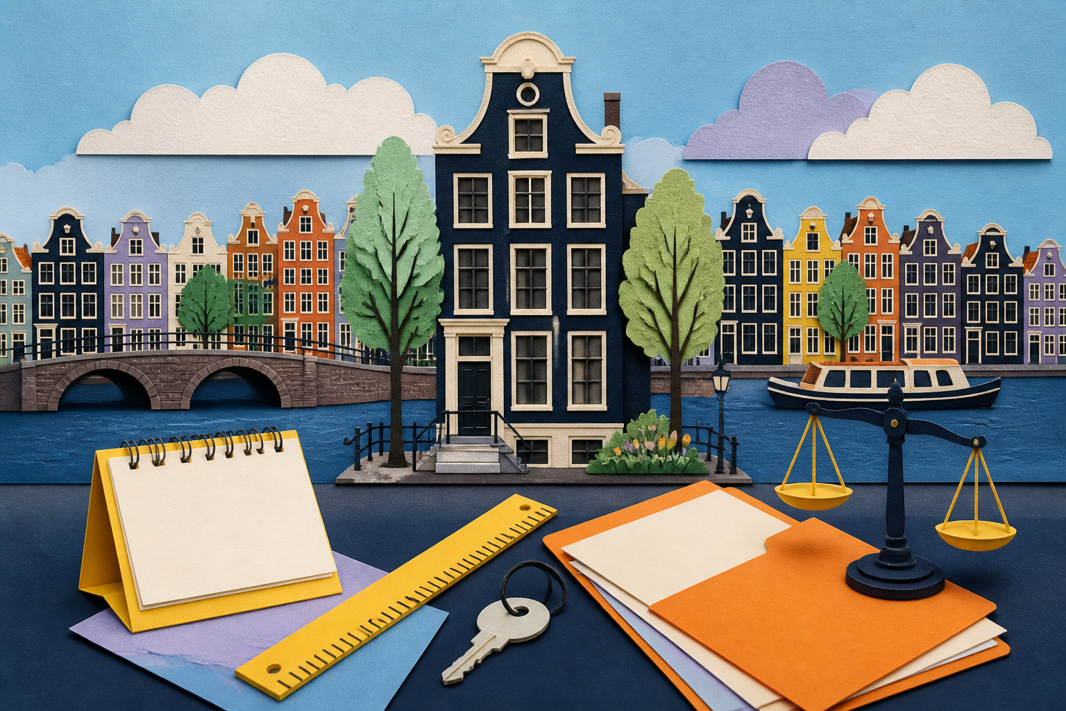 Cut-paper Amsterdam townhouse beside a mortgage folder, calculator and measuring tape