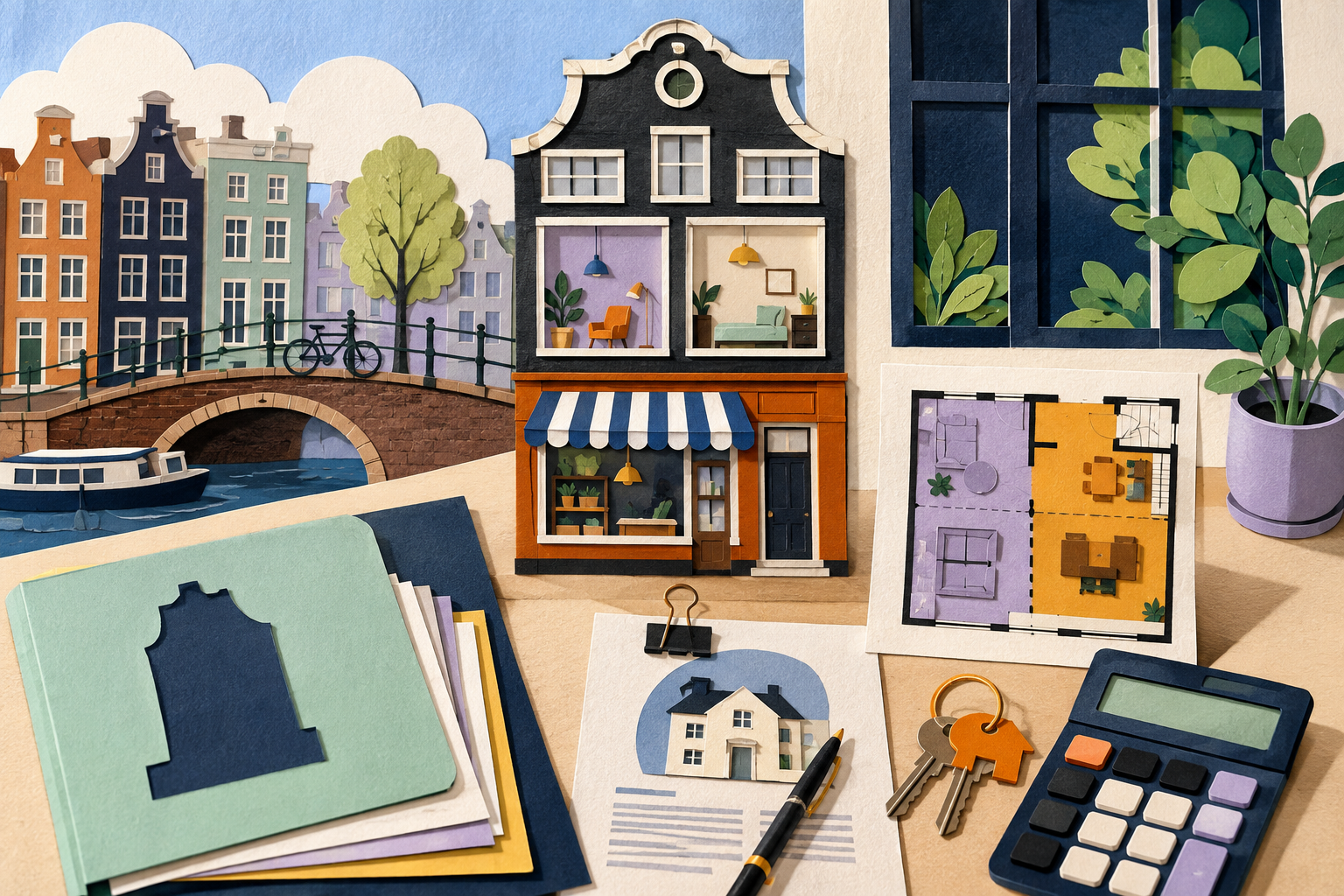 Amsterdam mixed-use canal building beside a floor plan, mortgage documents and a measuring scale