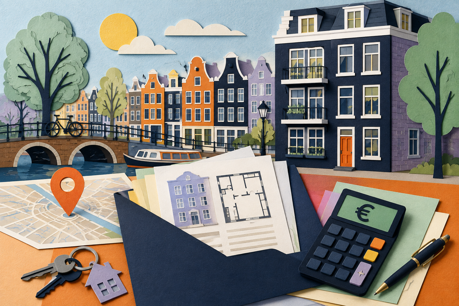 Paper-cut Amsterdam property map with a valuation document, calculator and foreign-currency notes