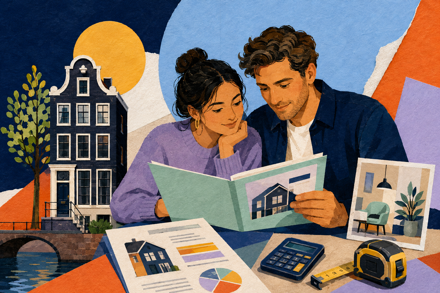 First-time buyer couple reviewing a mortgage folder beside an Amsterdam canal house, calculator and measuring tape