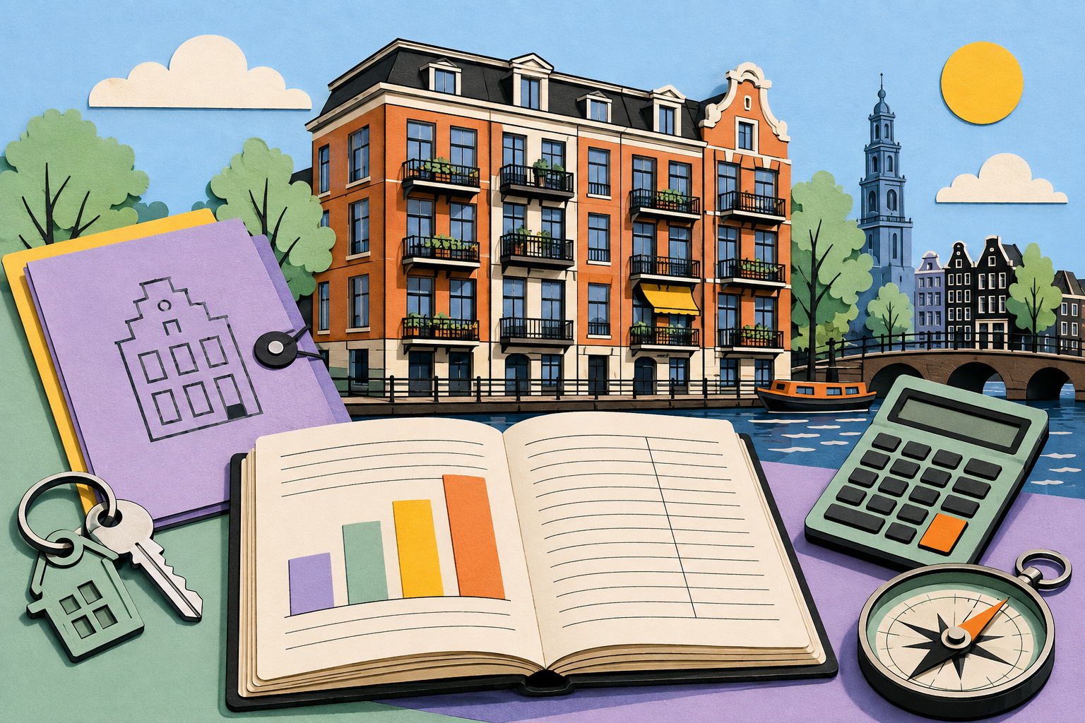 Amsterdam apartment building with a rental ledger, calculator, keys and a property valuation brief