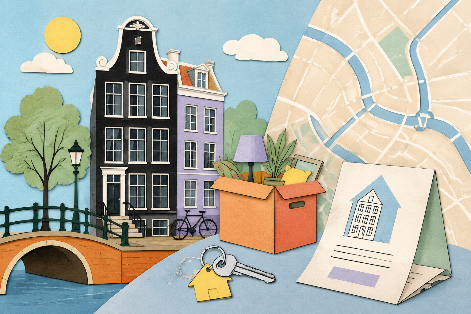 Amsterdam canal homes with moving boxes, house keys, a map and a valuation document