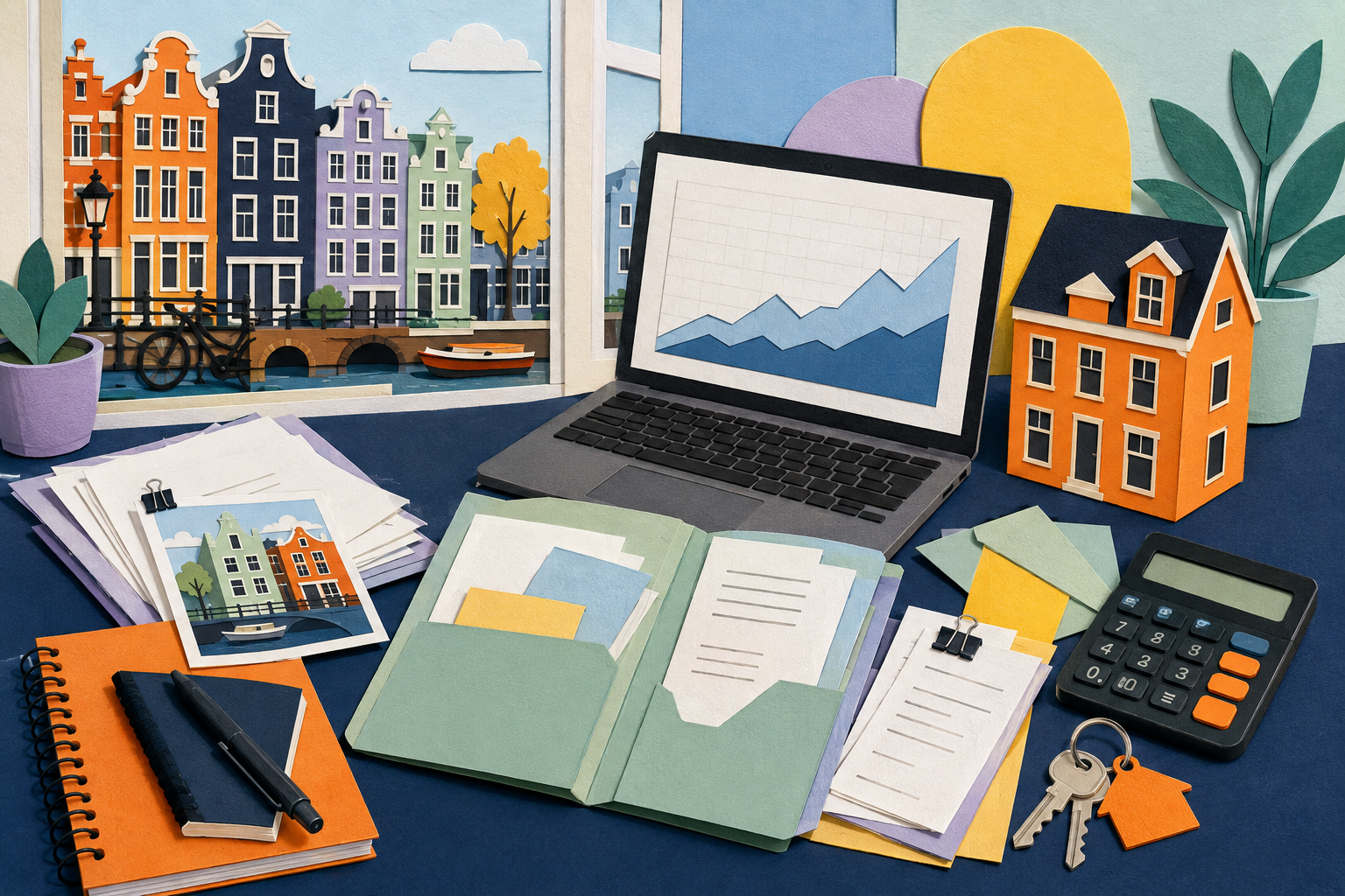 Amsterdam canal home with a laptop, mortgage papers, house keys and a business notebook