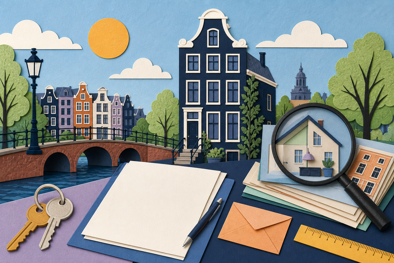 Cut-paper Amsterdam canal house beside a bid envelope, floor plan and measuring tape