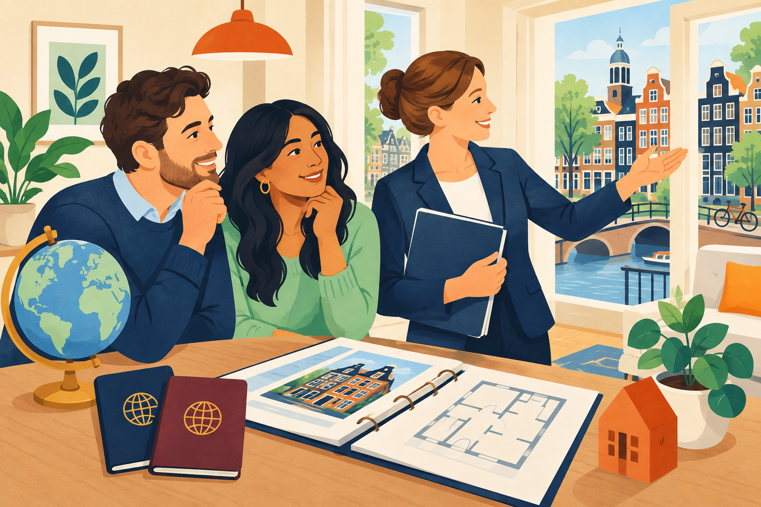 International buyers reviewing an Amsterdam home purchase documents with a canal house, globe and valuation folder