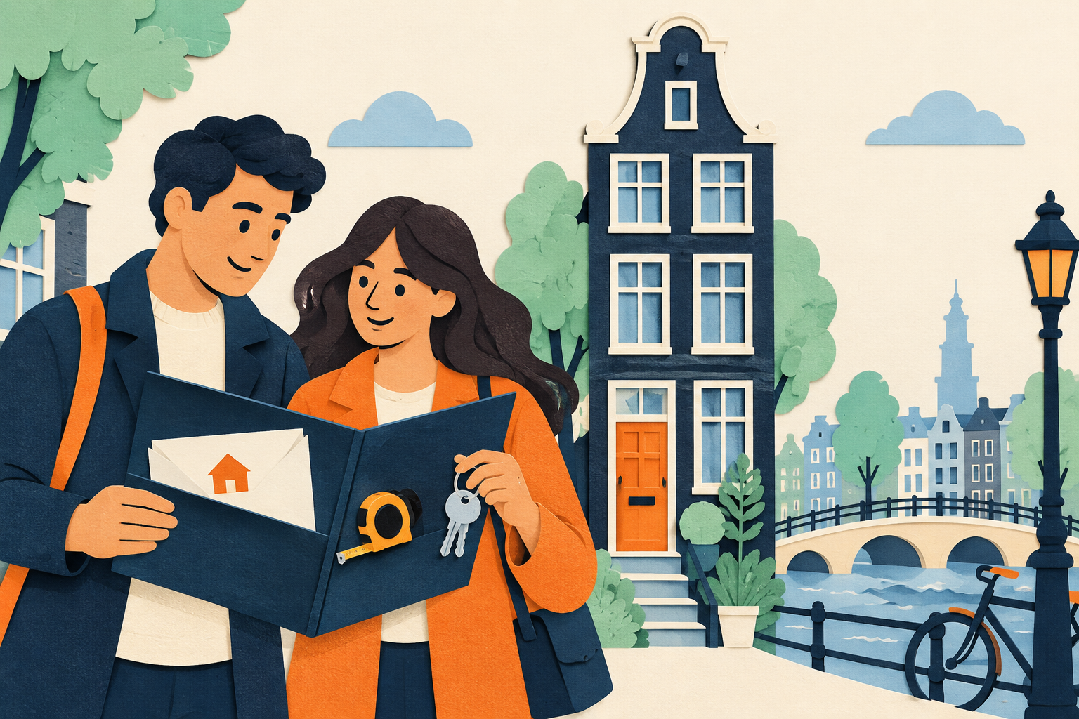 First-time buyers reviewing an Amsterdam home purchase folder with a canal house, house keys and a measuring tape