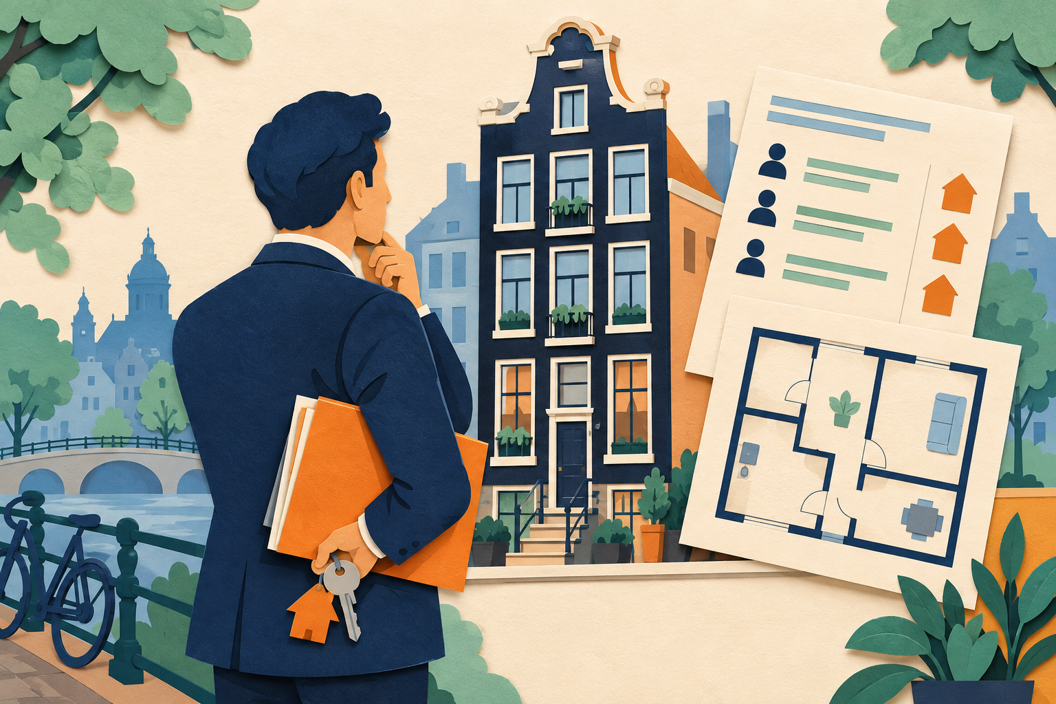 Property investor reviewing an Amsterdam apartment documents with keys, a floor plan and rental records