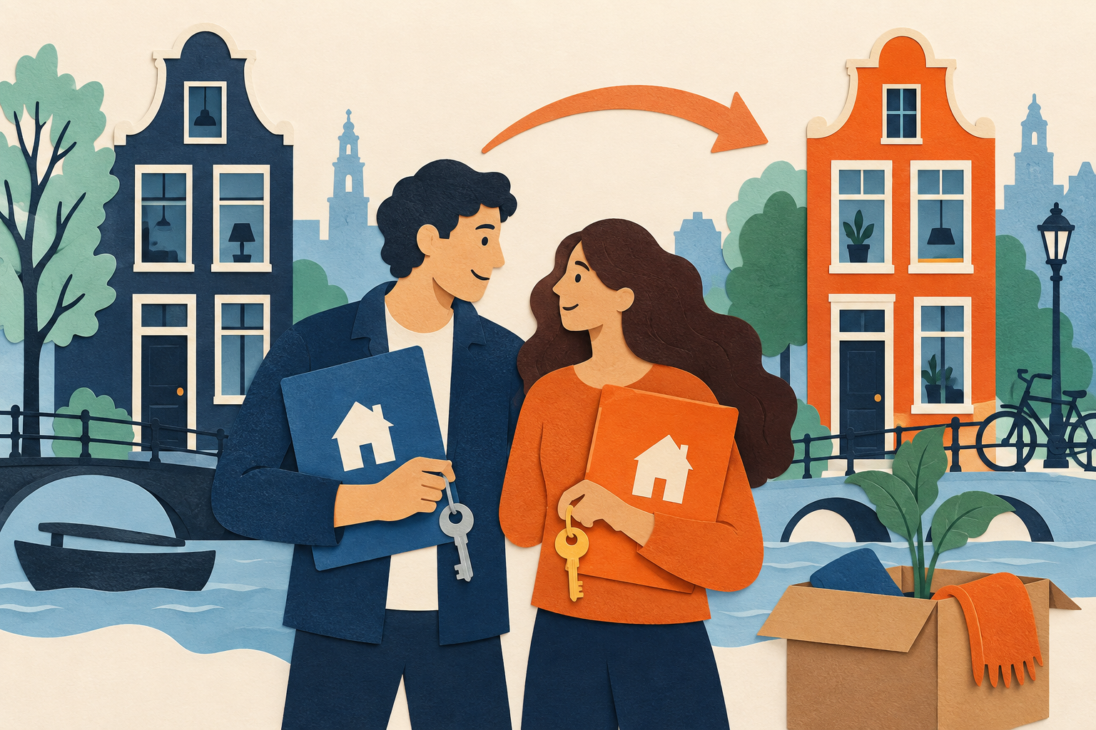 Couple comparing old and new Amsterdam home folders with keys, a moving box and canal houses