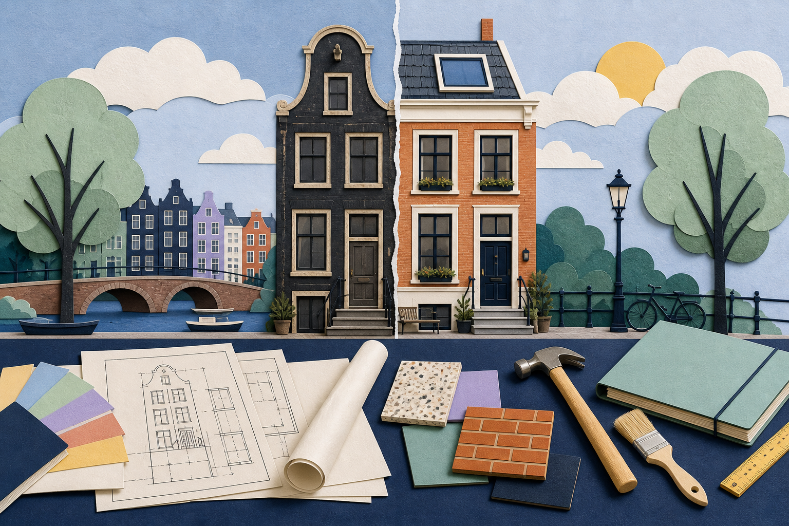 Cut-paper Amsterdam townhouse beside renovation plans, a paint roller and valuation papers
