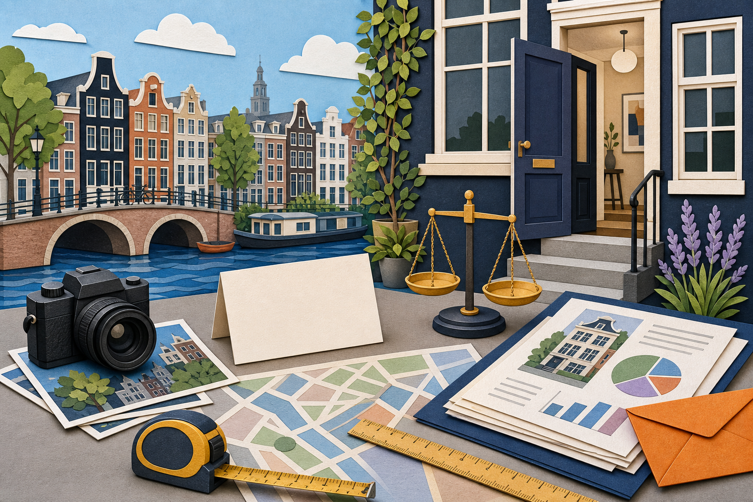 Cut-paper Amsterdam canal house beside sale notes, a price tag and a valuation folder