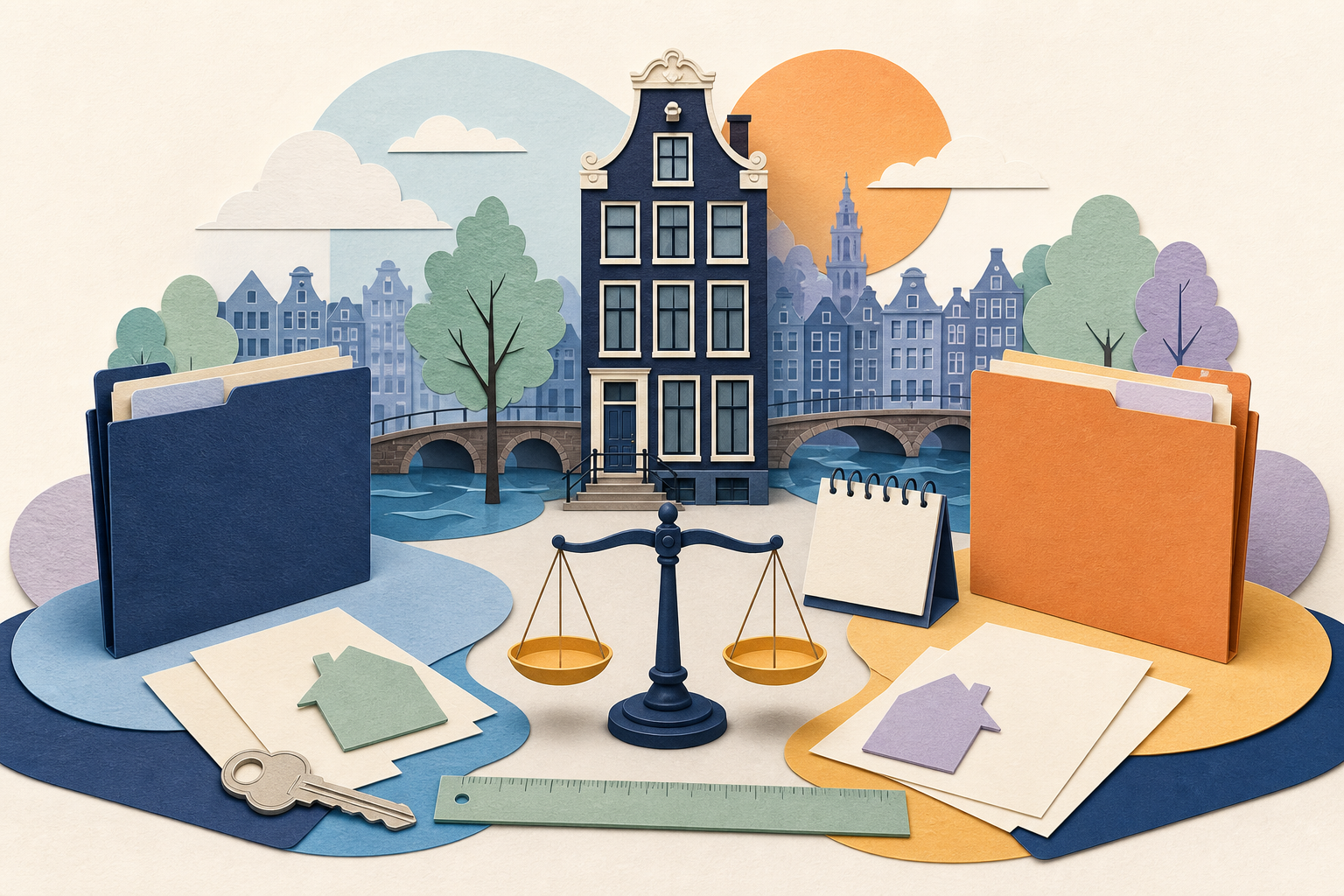 Neutrale papieren Amsterdamse woning naast twee documentmappen, een balans en taxatiestukken