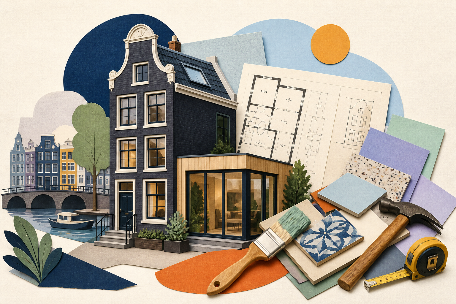 Papieren Amsterdamse woning naast verbouwingsplannen, verfroller en taxatiedocumenten