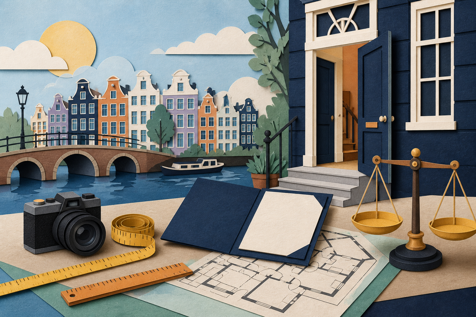 Papieren Amsterdamse grachtenwoning naast verkoopnotities, prijskaart en taxatiemap