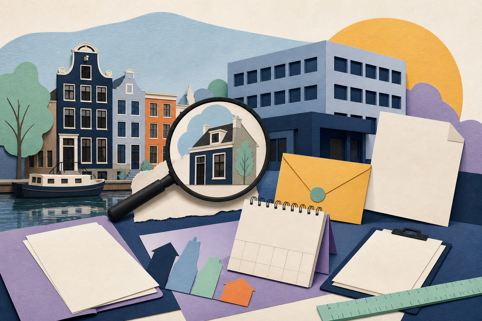 Papieren Amsterdamse woning naast WOZ-aanslag, kalender en vergrootglas
