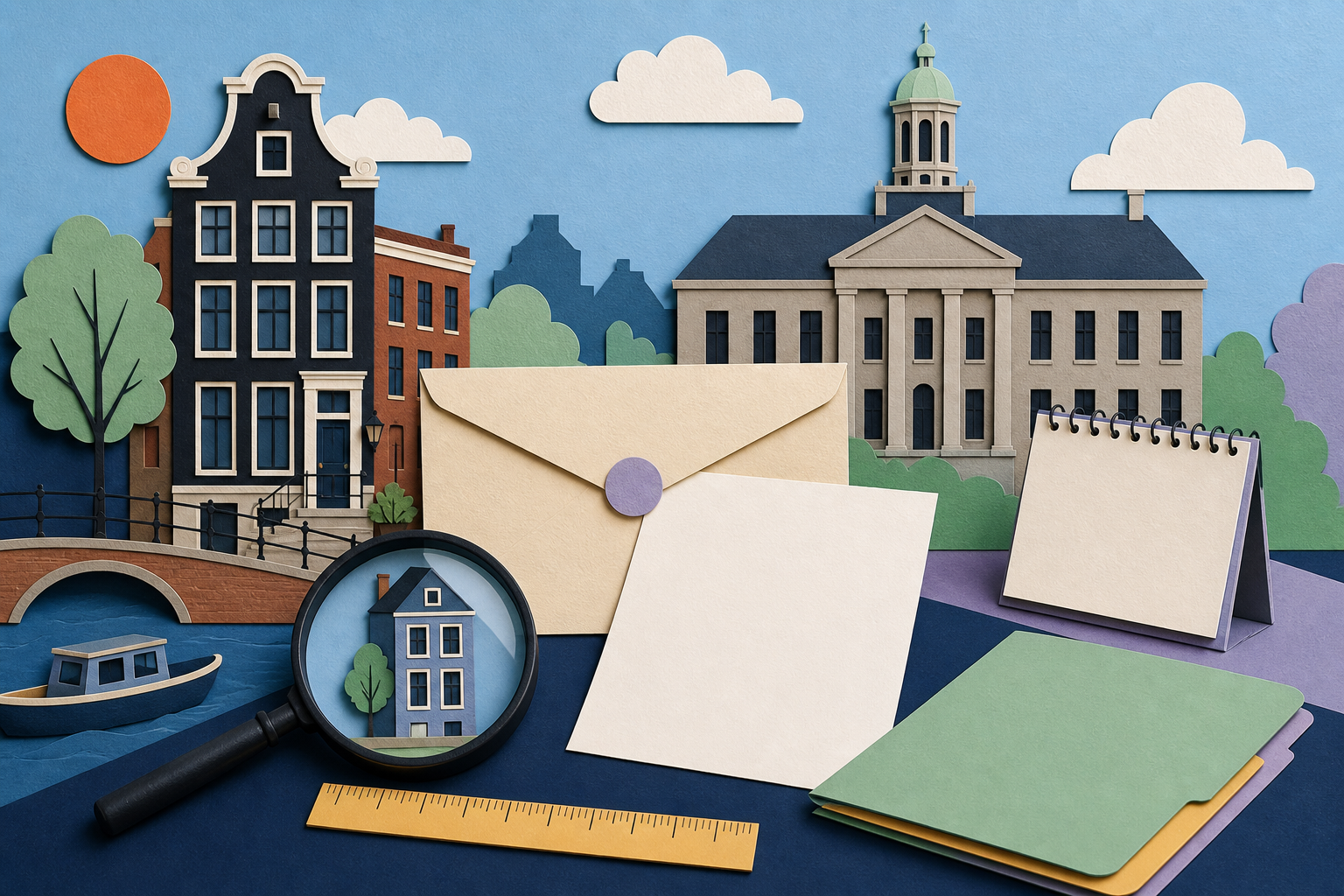 Cut-paper Amsterdam townhouse beside a WOZ assessment, calendar and magnifying glass
