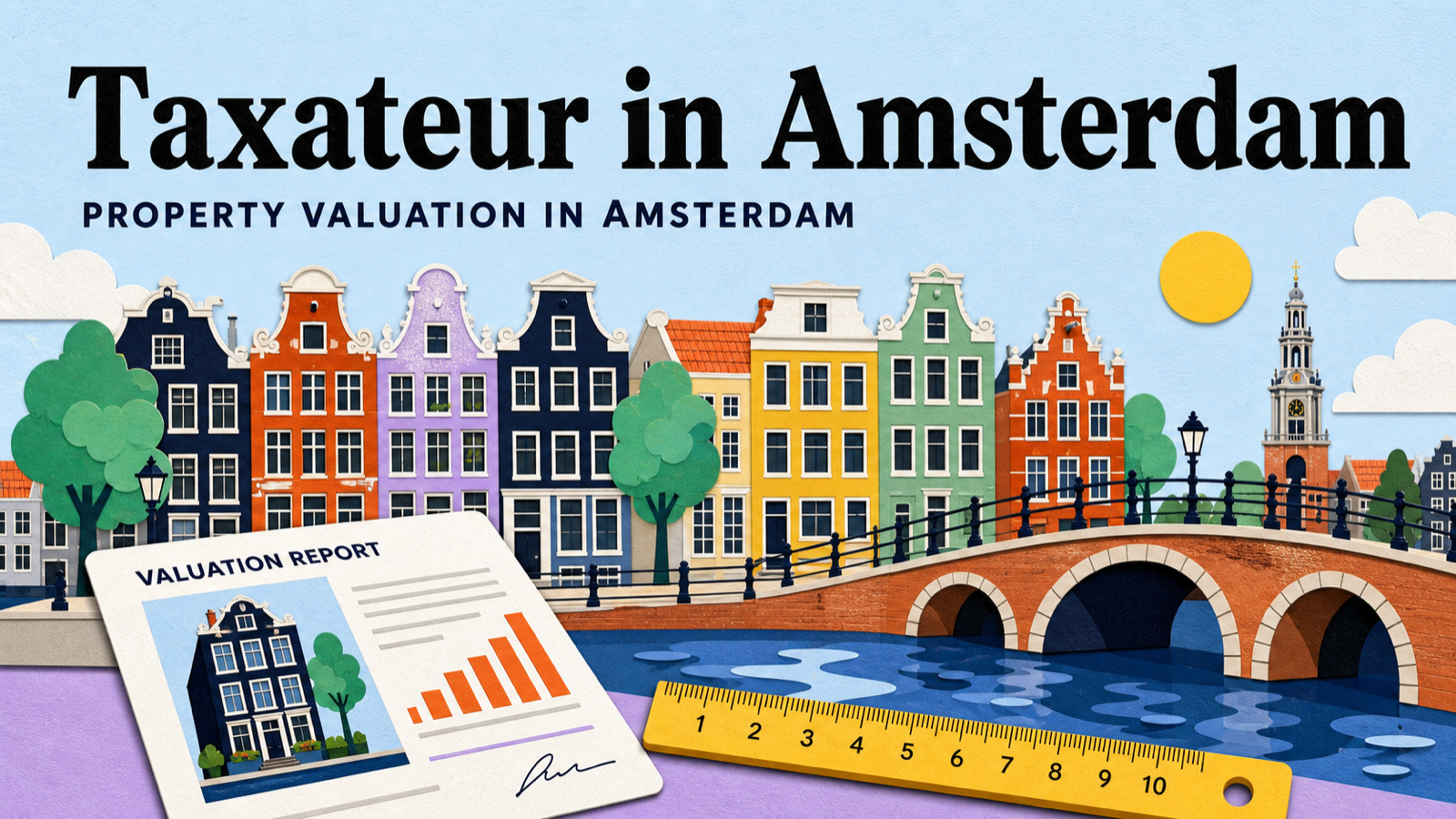 Colorful Amsterdam canal houses, bridge, valuation report and ruler for Taxateur in Amsterdam