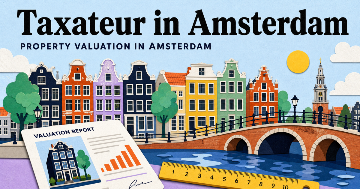 Colorful Amsterdam canal houses, bridge and valuation report in a Taxateur in Amsterdam social graphic