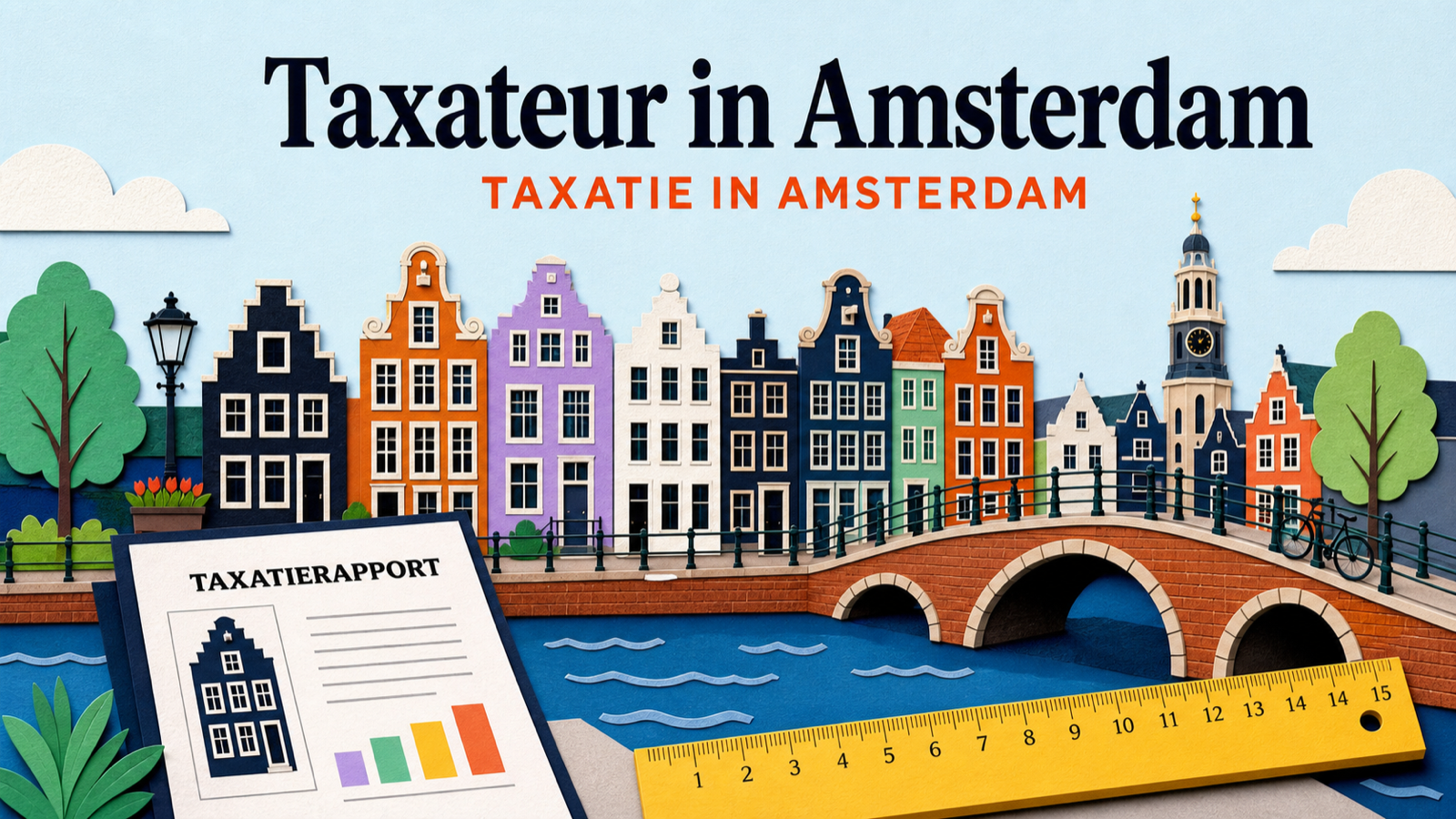 Kleurrijke Amsterdamse grachtenpanden, brug, taxatierapport en meetlat voor Taxateur in Amsterdam